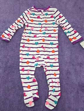 NWT Lullaby Lane Baby Girls Purple Stripe Heart One-Piece Sleeper